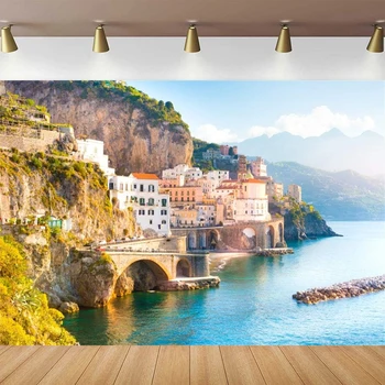 Fotografijos Foną, Amalfi Miesto Panoramos Dėl Kranto Linijos Viduržemio Jūros Fone Italija Kelionės Miesto Jūros Miestas, Žymus Kalnų
