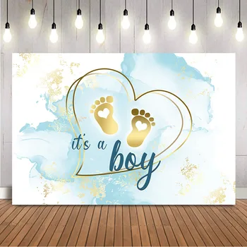 Tai berniukas Fone Aukso Mažai Kojų Lyčių Atskleisti Foto Fonas Mėlynas Marmuras Širdies Baby Shower Temą Šalies Apdaila Rekvizitai